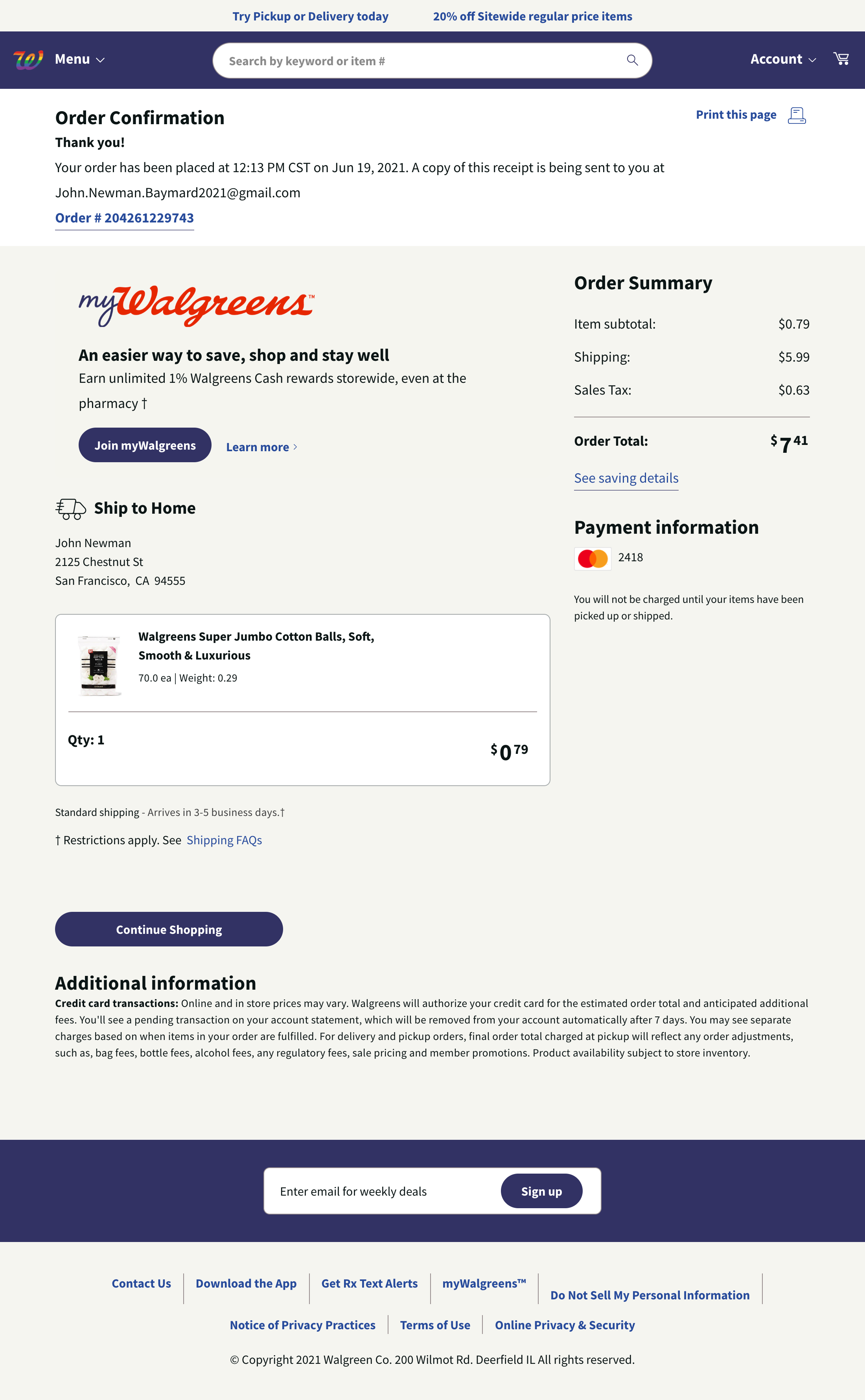 Walgreens’ Receipt / Order Confirmation 367 of 656 Receipt / Order