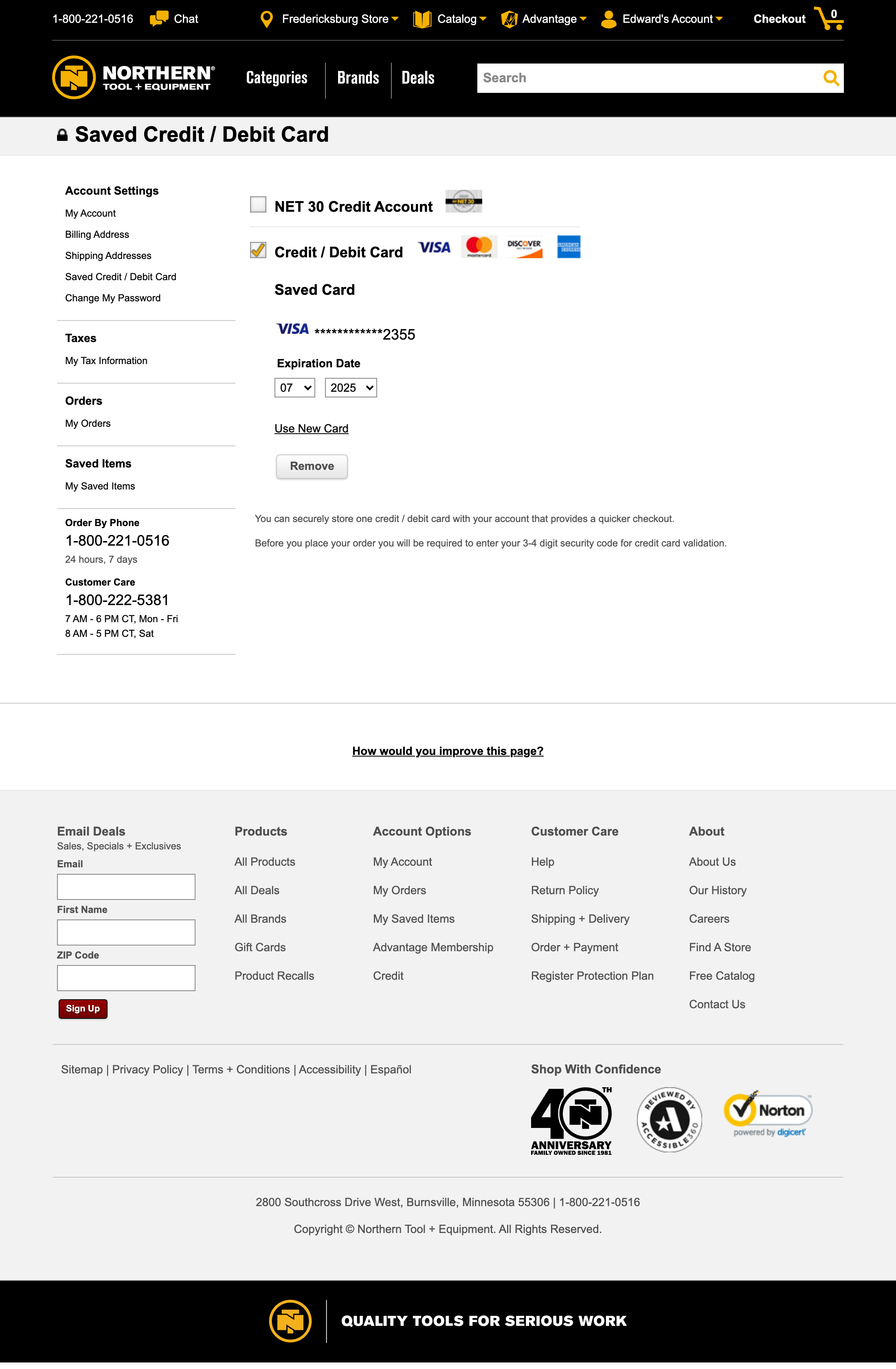 Northern Tool’s Stored Credit Cards – 30 of 122 Stored Credit Cards