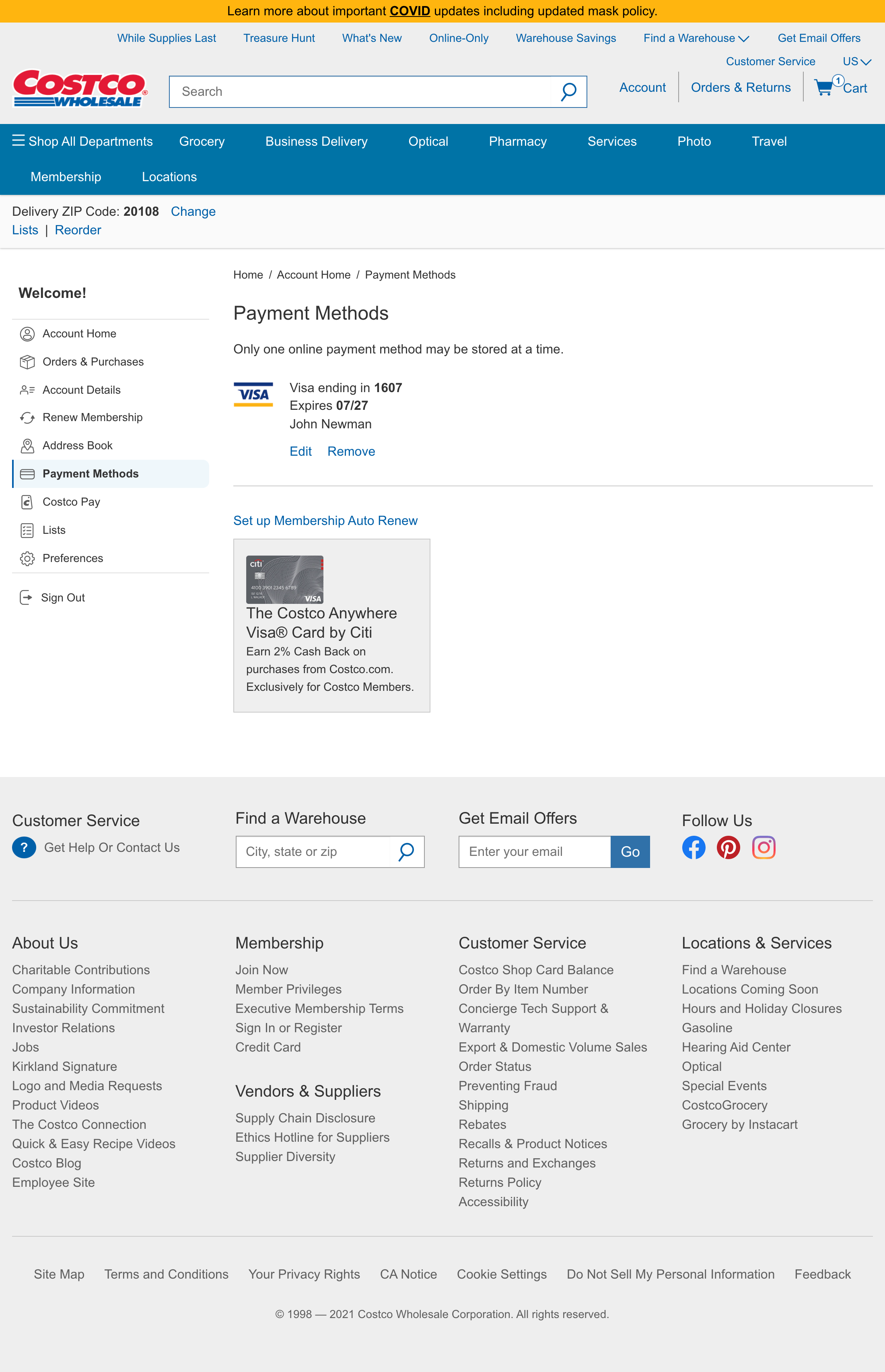 Costco’s Stored Credit Cards – 74 of 209 Stored Credit Cards Examples